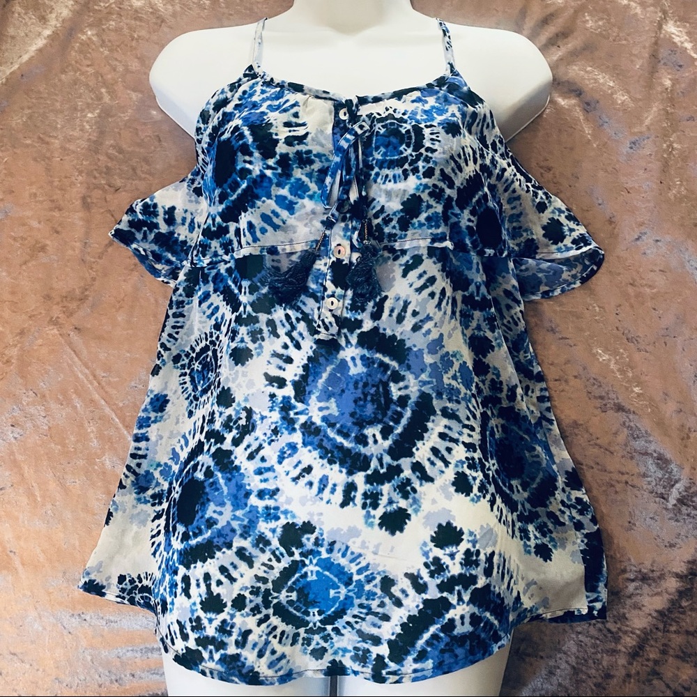 Aqua Tassle Cami Trapeze Top in Blue Tie Dye